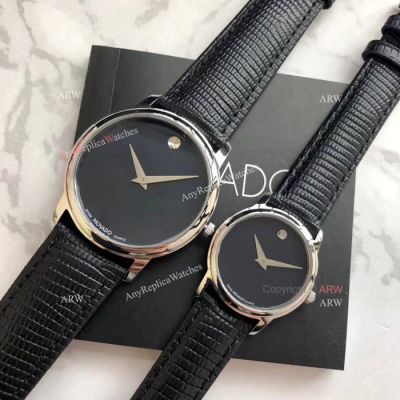 Replica MOVADO Quartz Lovers Watch SS Black Leather Strap